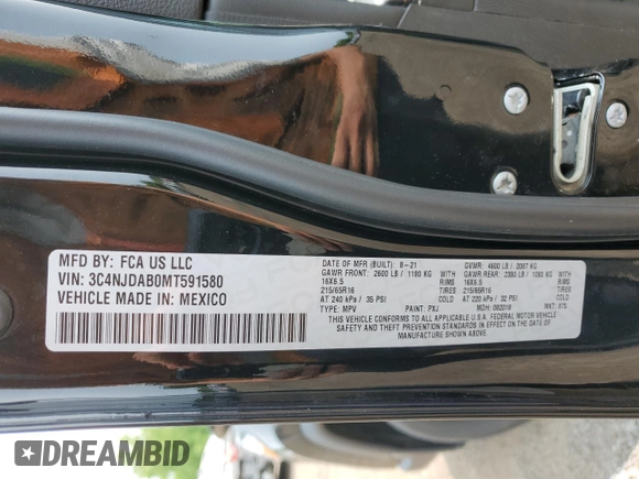 2021 Jeep Compass Sport z VIN 3C4NJDAB0MT591580, wystawiony jako Copart lot #59692785 z przebiegiem 70 661 mil mil oraz Szkoda całkowita • Salvage title. Historia ofert i sprzedaży dostępna na DreamBid. Obrazek 13.