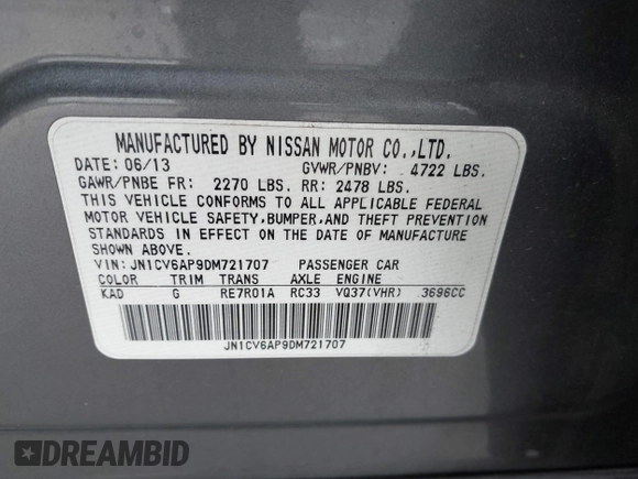 2013 Infiniti G37 Sedan Journey with VIN JN1CV6AP9DM721707, listed as a IAAI auction lot 41892739 with Not Provided miles. Bid and sale history available at carsss.com. Image 9.