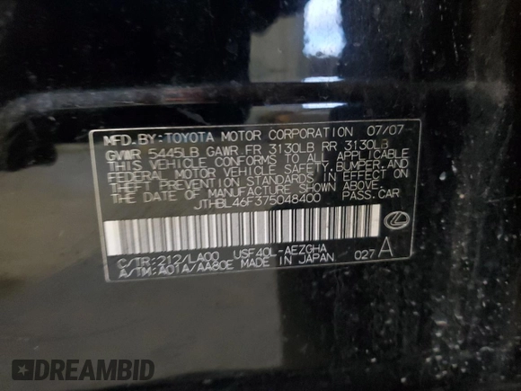 2007 Lexus LS 460 z VIN JTHBL46F375048400, wystawiony jako Copart lot #55879835 z przebiegiem 121 278 mil mil oraz Czysty tytuł • Clean title. Historia ofert i sprzedaży dostępna na DreamBid. Obrazek 12.