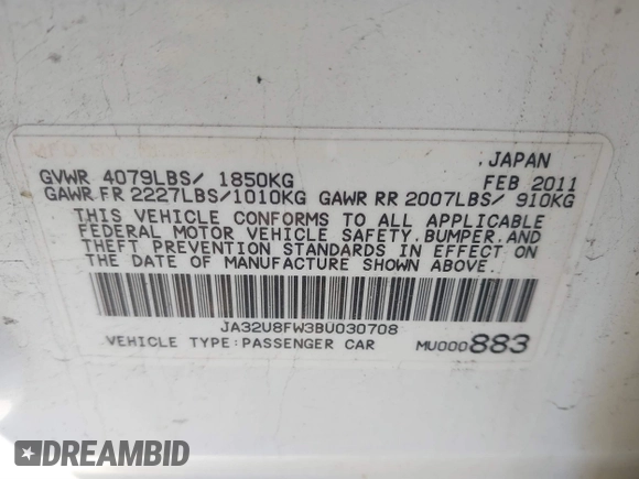 2011 Mitsubishi Lancer GTS with VIN JA32U8FW3BU030708, listed as a IAAI auction lot 41826170 with 213,889 mi miles. Bid and sale history available at carsss.com. Image 9.