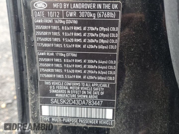 2013 Land Rover Range Rover Sport HSE Lux with VIN SALSK2D43DA783447, listed as a Copart auction lot 60730225 with Not provided miles and Salvage title. Bid and sale history available at DreamBid. Image 13.