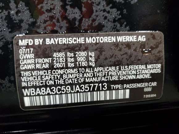 2018 BMW 3 Series 320i xDrive with VIN WBA8A3C59JA357713, listed as a Copart auction lot 42539945 with 0 mi miles and Salvage Title. Bid and sale history available at carsss.com. Image 13.