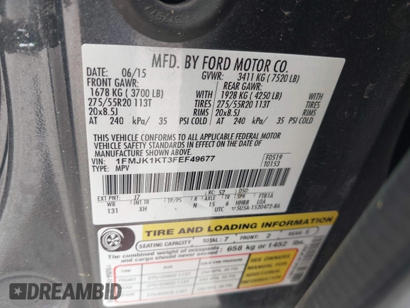 2015 Ford Expedition Max Limited with VIN 1FMJK1KT3FEF49677, listed as a IAAI auction lot 42114322 with 130,649 mi miles. Bid and sale history available at carsss.com. Image 9.