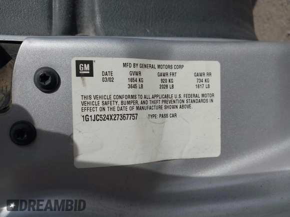 2002 Chevrolet Cavalier with VIN 1G1JC524X27367757, listed as a IAAI auction lot 42100501 with 252,885 mi miles and . Bid and sale history available at DreamBid. Image 9.