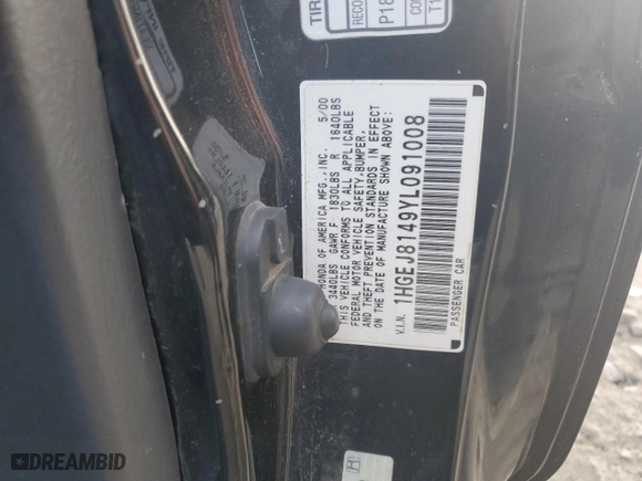 2000 Honda Civic EX with VIN 1HGEJ8149YL091008, listed as a Copart auction lot 87169674 with 149,143 mi miles and Salvage Title. Bid and sale history available at carsss.com. Image 15.
