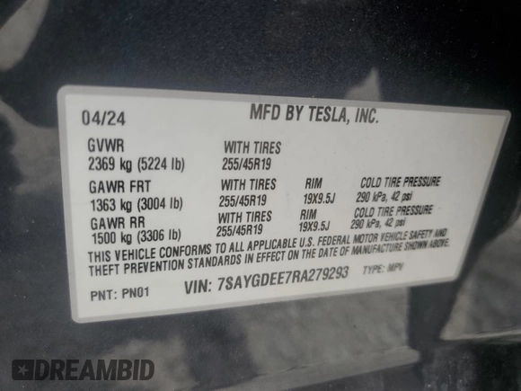 2024 Tesla Model Y Long Range с VIN 7SAYGDEE7RA279293, выставлен на аукционе Copart как лот 62758065 с пробегом 23 271 миль миль и Списание • Salvage title. История ставок и продаж доступна на DreamBid. Изображение 12.