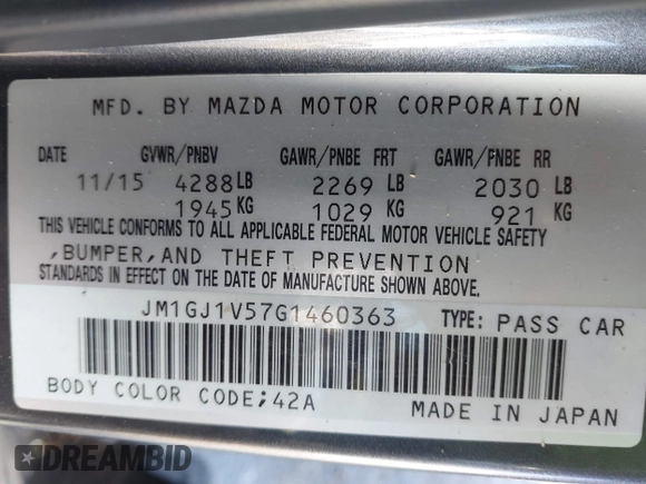 2016 Mazda Mazda6 i Touring with VIN JM1GJ1V57G1460363, listed as a IAAI auction lot 41742896 with 145,819 mi miles. Bid and sale history available at carsss.com. Image 9.