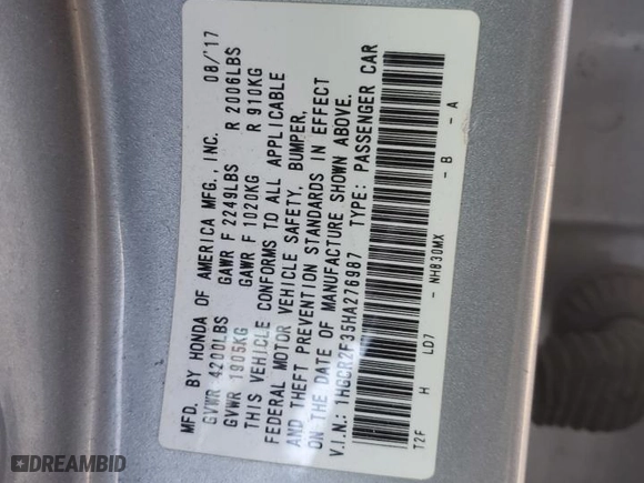 2017 Honda Accord Sedan LX with VIN 1HGCR2F35HA276987, listed as a Copart auction lot 42981745 with 66,288 mi miles and Salvage Title. Bid and sale history available at carsss.com. Image 12.