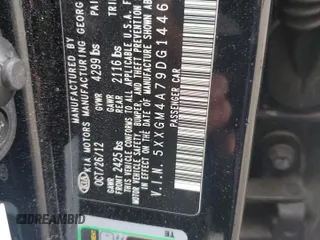 2013 Kia Optima LX z VIN 5XXGM4A79DG144608, wystawiony jako Copart lot #57461585 z przebiegiem 120 677 mil mil oraz Szkoda całkowita • Salvage title. Historia ofert i sprzedaży dostępna na DreamBid. Obrazek 12.