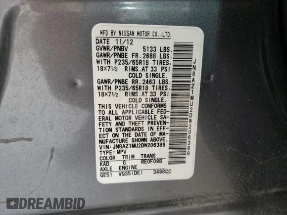 2013 Nissan Murano S with VIN JN8AZ1MU2DW206389, listed as a Copart auction lot 70444504 with 109,120 mi miles and Salvage Title. Bid and sale history available at carsss.com. Image 15.