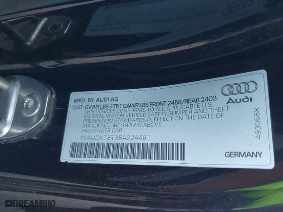 2008 Audi A5 with VIN WAUDK78T38A024461, listed as a IAAI auction lot 40614502 with 137,973 mi miles. Bid and sale history available at carsss.com. Image 9.