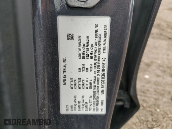 2021 Tesla Model 3 Long Range z VIN 5YJ3E1EB2MF066149, wystawiony jako Copart lot #53374765 z przebiegiem 119 771 mil mil oraz Szkoda całkowita • Salvage title. Historia ofert i sprzedaży dostępna na DreamBid. Obrazek 13.