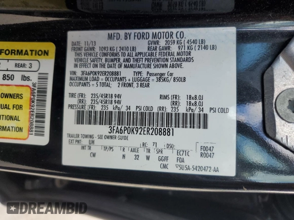 2014 Ford Fusion Titanium with VIN 3FA6P0K92ER208881, listed as a Copart auction lot 56051275 with 228,386 mi miles and Clean Title. Bid and sale history available at DreamBid. Image 12.