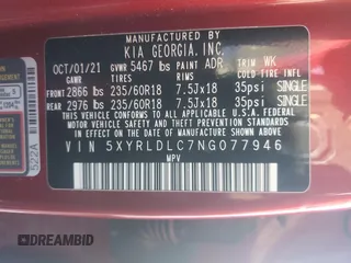 2022 Kia Sorento X-Line S with VIN 5XYRLDLC7NG077946, listed as a Copart auction lot 42482105 with 40,472 mi miles and Salvage Title. Bid and sale history available at carsss.com. Image 13.
