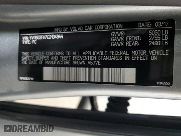 2012 Volvo S60 T6 with VIN YV1902FH7C2134944, listed as a Copart auction lot 48539105 with 136,423 mi miles and Salvage Title. Bid and sale history available at carsss.com. Image 12.
