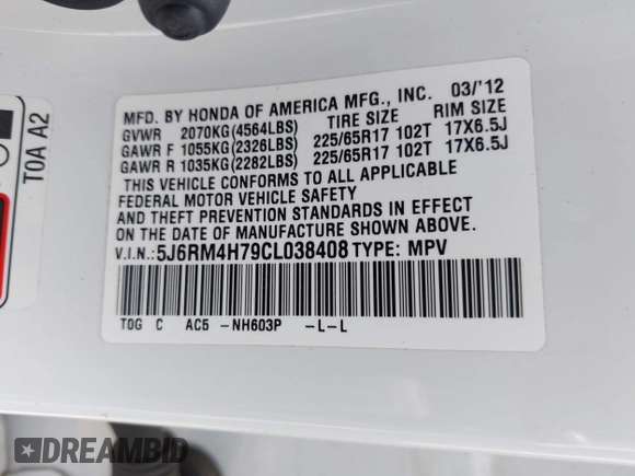 2012 Honda CR-V EX-L with VIN 5J6RM4H79CL038408, listed as a IAAI auction lot 42453505 with 73,409 mi miles and . Bid and sale history available at DreamBid. Image 9.