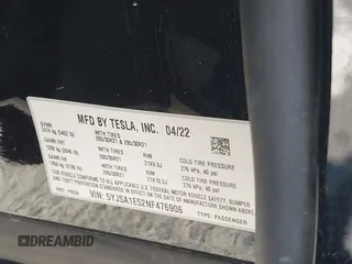 2022 Tesla Model S with VIN 5YJSA1E52NF476906, listed as a IAAI auction lot 41320074 with Not Provided miles and . Bid and sale history available at DreamBid. Image 9.