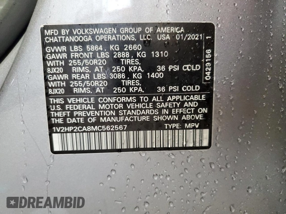 2021 Volkswagen Atlas SE с VIN 1V2HP2CA8MC562567, выставлен на аукционе Copart как лот 60083355 с пробегом 128 962 миль миль и Списание • Salvage title. История ставок и продаж доступна на DreamBid. Изображение 13.