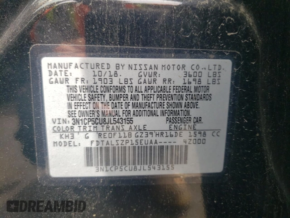 2018 Nissan Kicks SV с VIN 3N1CP5CU8JL543155, выставлен на аукционе Copart как лот 60819285 с пробегом Не указан миль и Списание • Salvage title. История ставок и продаж доступна на DreamBid. Изображение 13.