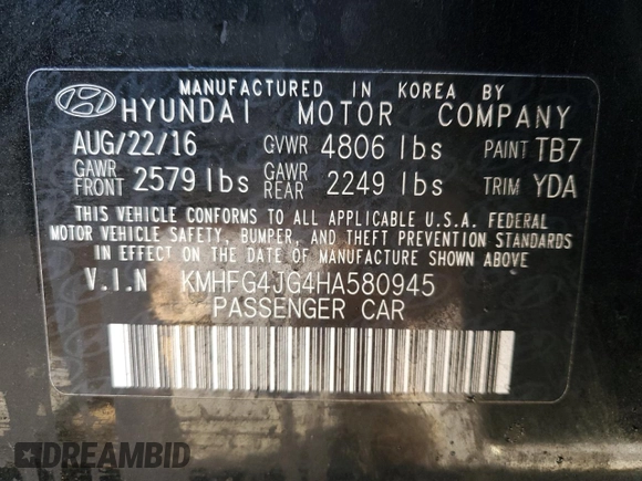 2017 Hyundai Azera with VIN KMHFG4JG4HA580945, listed as a Copart auction lot 89019845 with 161,014 mi miles and Salvage title. Bid and sale history available at DreamBid. Image 12.