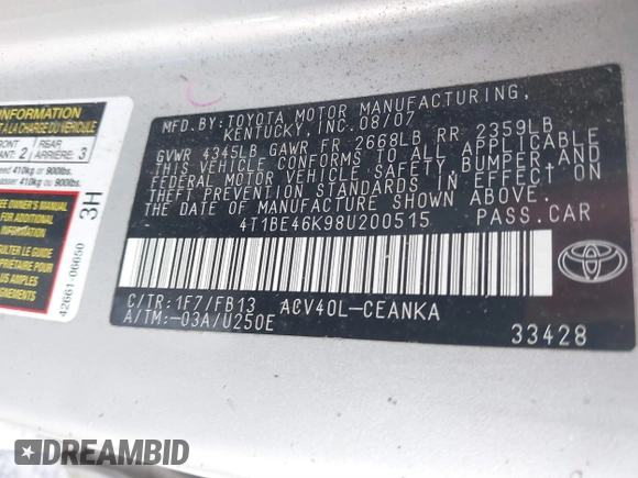 2008 Toyota Camry LE with VIN 4T1BE46K98U200515, listed as a IAAI auction lot 41840132 with 304,108 mi miles. Bid and sale history available at carsss.com. Image 9.