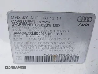 2012 Audi Q5 3.2L Premium Plus with VIN WA1DKAFP9CA071857, listed as a IAAI auction lot 41391040 with 1 mi miles. Bid and sale history available at carsss.com. Image 9.