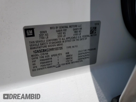 2017 Chevrolet Tahoe LT with VIN 1GNSCBKC2HR183726, listed as a Copart auction lot 60240815 with 164,845 mi miles and Clean title. Bid and sale history available at DreamBid. Image 13.