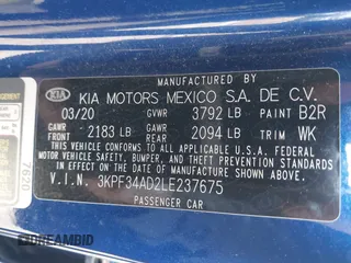 2020 Kia Forte GT-Line with VIN 3KPF34AD2LE237675, listed as a IAAI auction lot 41965261 with 67,338 mi miles and . Bid and sale history available at DreamBid. Image 9.