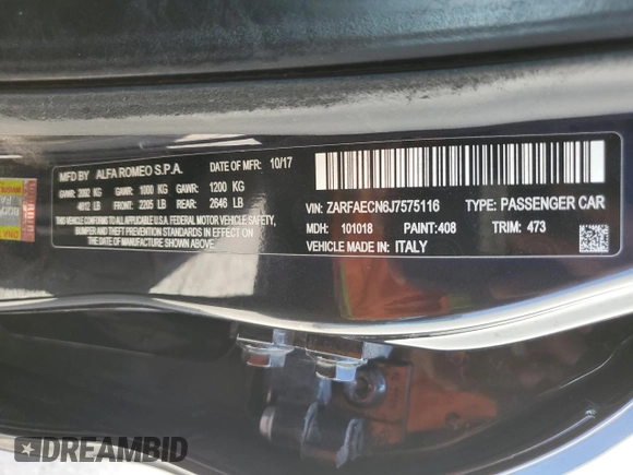 2018 Alfa Romeo Giulia Ti Sport with VIN ZARFAECN6J7575116, listed as a Copart auction lot 52331495 with 46,355 mi miles and Salvage title. Bid and sale history available at DreamBid. Image 12.