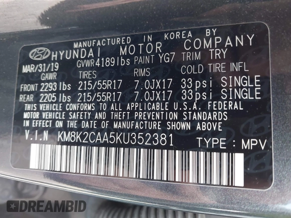 2019 Hyundai Kona SEL with VIN KM8K2CAA5KU352381, listed as a IAAI auction lot 41740117 with 57,044 mi miles and . Bid and sale history available at DreamBid. Image 9.