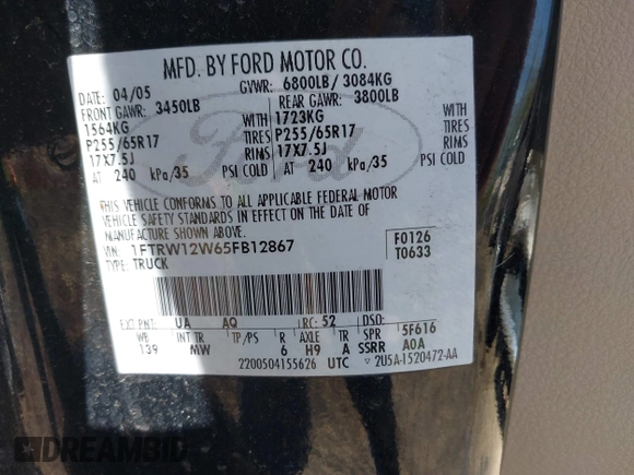2005 Ford F-150 XLT with VIN 1FTRW12W65FB12867, listed as a IAAI auction lot 42143592 with 182,481 mi miles and . Bid and sale history available at DreamBid. Image 9.