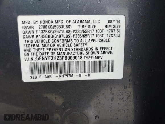2015 Honda Pilot LX with VIN 5FNYF3H23FB009018, listed as a IAAI auction lot 41530286 with 274,232 mi miles and . Bid and sale history available at DreamBid. Image 9.