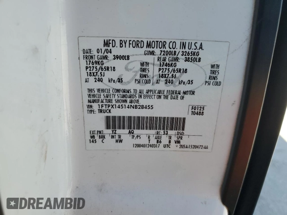 2004 Ford F-150 XLT с VIN 1FTPX14514NB28455, выставлен на аукционе Copart как лот 55142985 с пробегом 208 313 миль миль и Списание • Salvage title. История ставок и продаж доступна на DreamBid. Изображение 12.