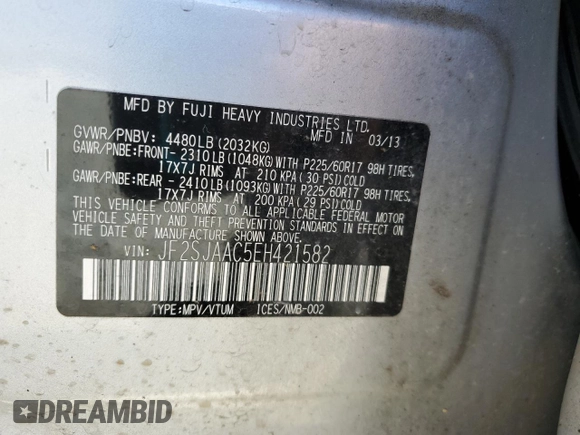 2014 Subaru Forester 2.5i with VIN JF2SJAAC5EH421582, listed as a Copart auction lot 55981275 with 168,959 mi miles and Clean Title. Bid and sale history available at DreamBid. Image 13.