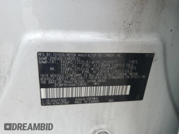 2013 Toyota RAV4 XLE z VIN 2T3RFREV4DW123820, wystawiony jako Copart lot #56484735 z przebiegiem 260 257 mil mil oraz Szkoda całkowita • Salvage title. Historia ofert i sprzedaży dostępna na DreamBid. Obrazek 13.