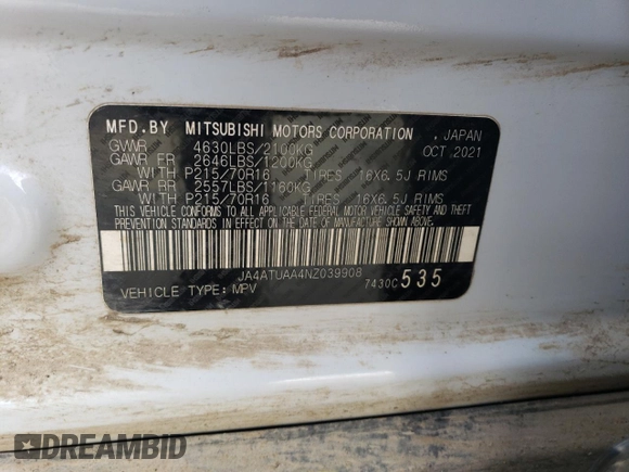 2022 Mitsubishi Eclipse Cross ES z VIN JA4ATUAA4NZ039908, wystawiony jako Copart lot #46615885 z przebiegiem 74 316 mil mil oraz Szkoda całkowita • Salvage title. Historia ofert i sprzedaży dostępna na DreamBid. Obrazek 16.