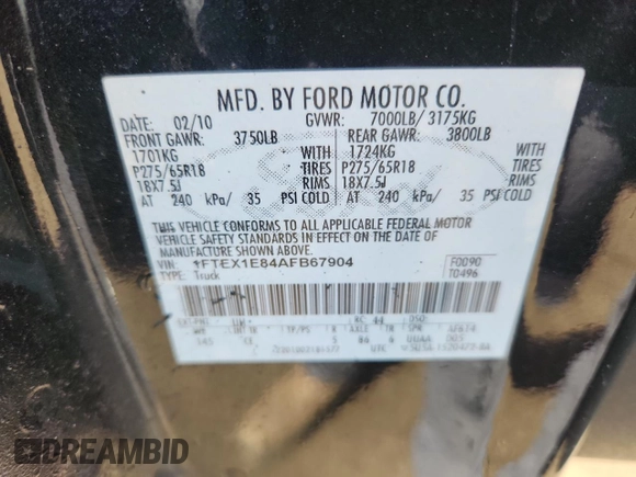 2010 Ford F-150 XL with VIN 1FTEX1E84AFB67904, listed as a Copart auction lot 64448135 with 139,156 mi miles and Clean title. Bid and sale history available at DreamBid. Image 12.