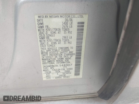 2006 Nissan Xterra S with VIN 5N1AN08W26C548907, listed as a IAAI auction lot 42438432 with Not provided miles and . Bid and sale history available at DreamBid. Image 9.