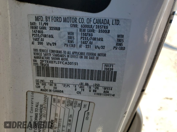 2000 Ford F-150 XL with VIN 2FTRX07L5YCA30151, listed as a Copart auction lot 46751455 with Not provided miles and Salvage title. Bid and sale history available at DreamBid. Image 14.