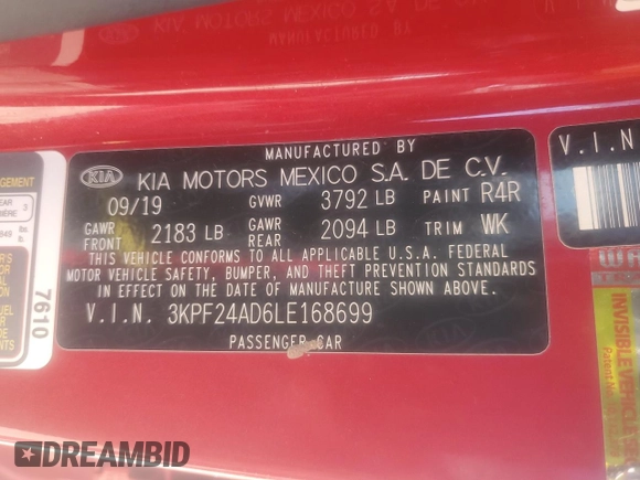 2020 Kia Forte LXS with VIN 3KPF24AD6LE168699, listed as a Copart auction lot 48853845 with 24,119 mi miles and Salvage Title. Bid and sale history available at carsss.com. Image 13.