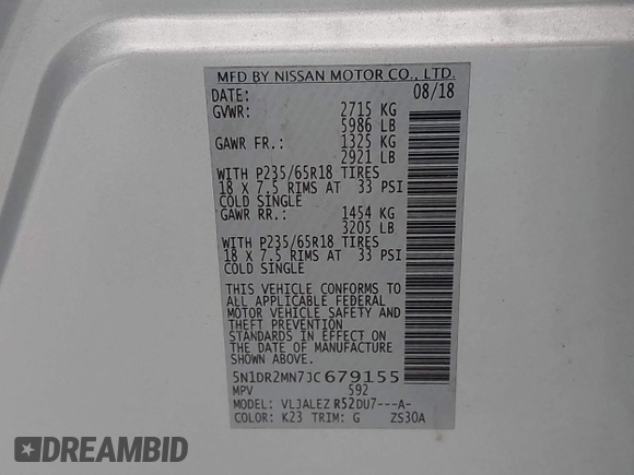 2018 Nissan Pathfinder SL with VIN 5N1DR2MN7JC679155, listed as a IAAI auction lot 42546774 with 105,614 mi miles and . Bid and sale history available at DreamBid. Image 9.