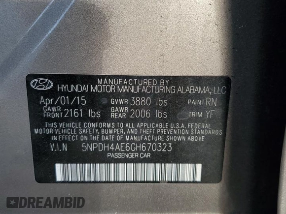 2016 Hyundai Elantra SE with VIN 5NPDH4AE6GH670323, listed as a Copart auction lot 88052915 with 47,876 mi miles and Non Repairable. Bid and sale history available at DreamBid. Image 12.