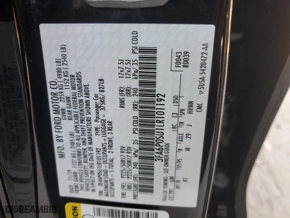 2020 Ford Fusion Plug-In Hybrid Titanium with VIN 3FA6P0SU1LR101192, listed as a Copart auction lot 37051344 with 42,865 mi miles. Bid and sale history available at carsss.com. Image 12.