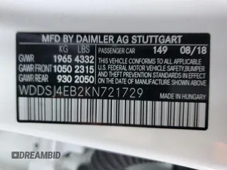 2019 Mercedes-Benz CLA 250 with VIN WDDSJ4EB2KN721729, listed as a Copart auction lot 38169434 with 53,179 mi miles and . Bid and sale history available at DreamBid. Image 12.