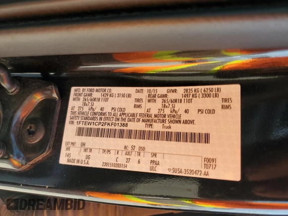 2015 Ford F-150 XL with VIN 1FTEW1CP2FKF01388, listed as a Copart auction lot 53575735 with 236,719 mi miles and Salvage title. Bid and sale history available at DreamBid. Image 12.