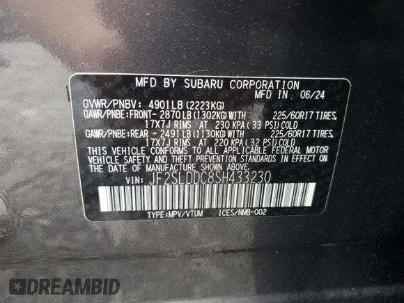 2025 Subaru Forester Premium z VIN JF2SLDDC8SH433230, wystawiony jako Copart lot #57046655 z przebiegiem 4 688 mil mil oraz Szkoda całkowita • Salvage title. Historia ofert i sprzedaży dostępna na DreamBid. Obrazek 14.