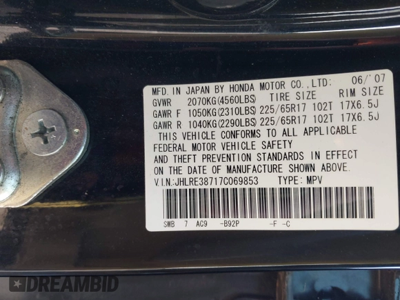 2007 Honda CR-V EX-L with VIN JHLRE38717C069853, listed as a IAAI auction lot 41970238 with 138,010 mi miles and . Bid and sale history available at carsss.com. Image 9.
