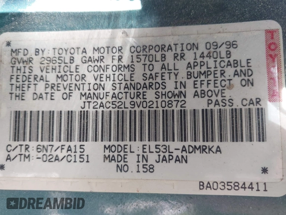 1997 Toyota Tercel CE z VIN JT2AC52L9V0210872, wystawiony jako IAAI lot #42003511 z przebiegiem 200 804 mil mil oraz . Historia ofert i sprzedaży dostępna na DreamBid. Obrazek 9.