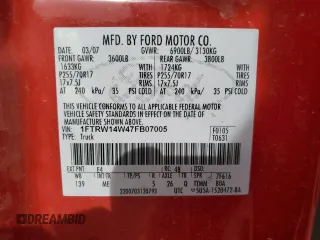 2007 Ford F-150 XLT z VIN 1FTRW14W47FB07005, wystawiony jako Copart lot #43366735 z przebiegiem 182 400 mil mil oraz Szkoda całkowita • Salvage title. Historia ofert i sprzedaży dostępna na DreamBid. Obrazek 12.