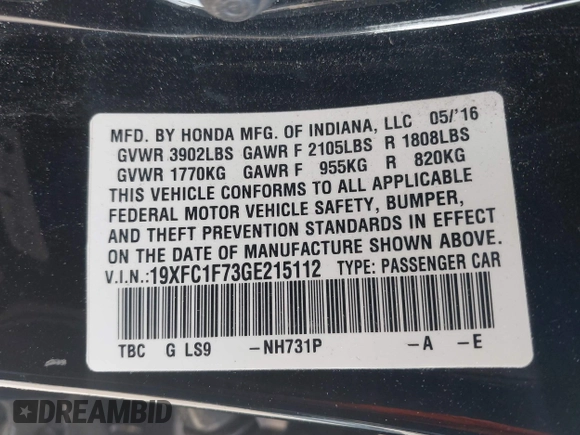 2016 Honda Civic Sedan EX-L with VIN 19XFC1F73GE215112, listed as a IAAI auction lot 42093218 with 67,233 mi miles. Bid and sale history available at carsss.com. Image 9.